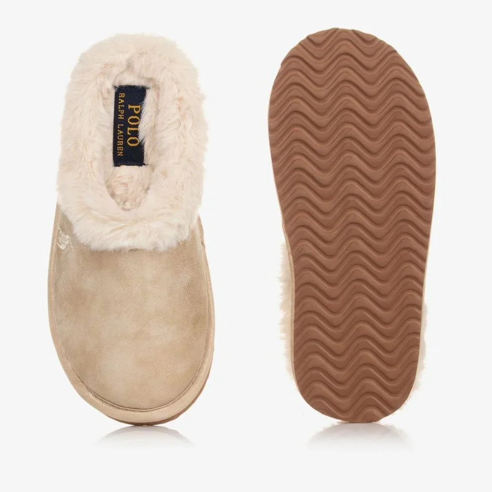 POLO RALPH LAUREN Girls Gold Metallic Fur Slippers Size 12 NEW Rare Authentic